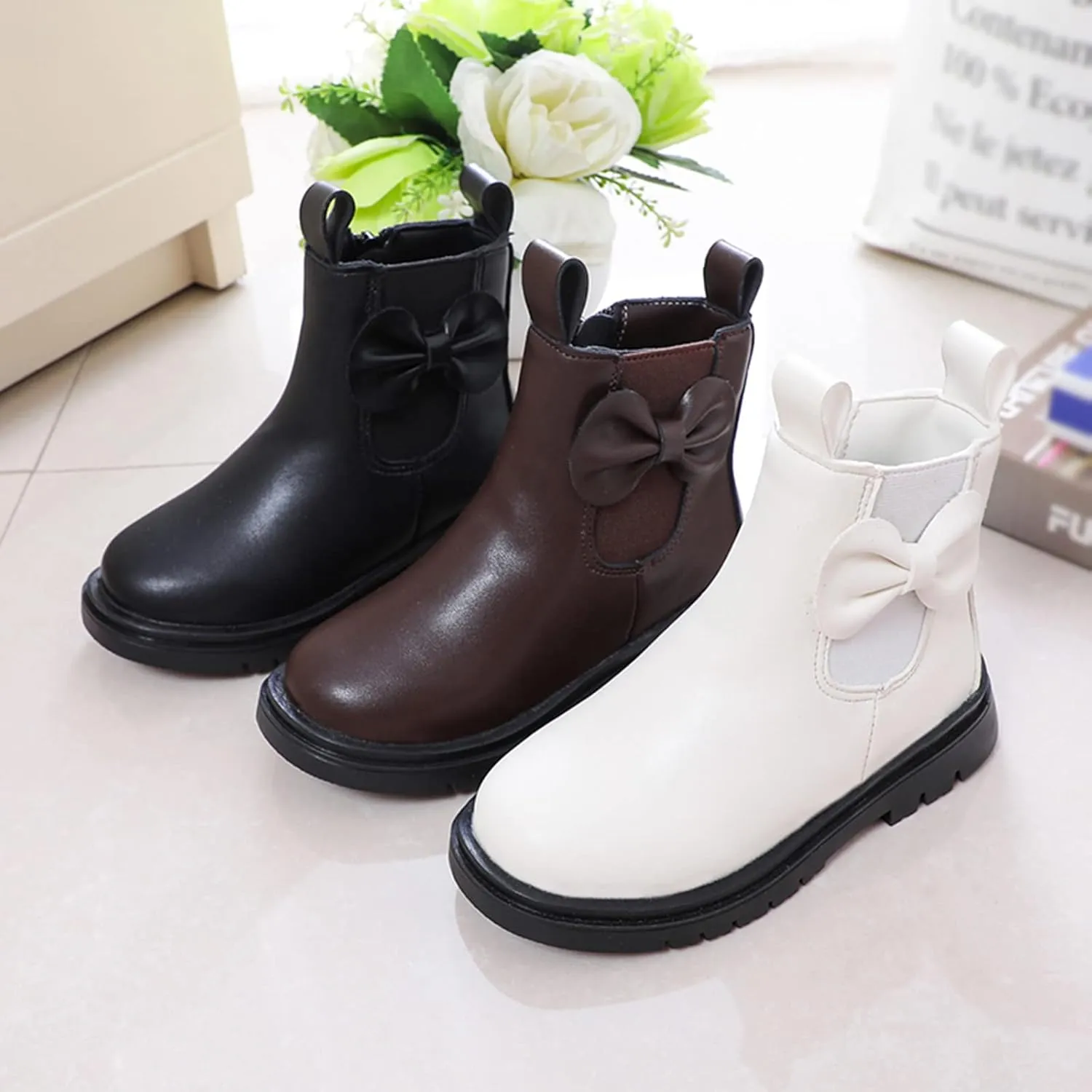 Girls Ankle Boots Low Block Heel Platform Bowknot Zipper Chunky Pu Leather Short Booties Big Little Kid