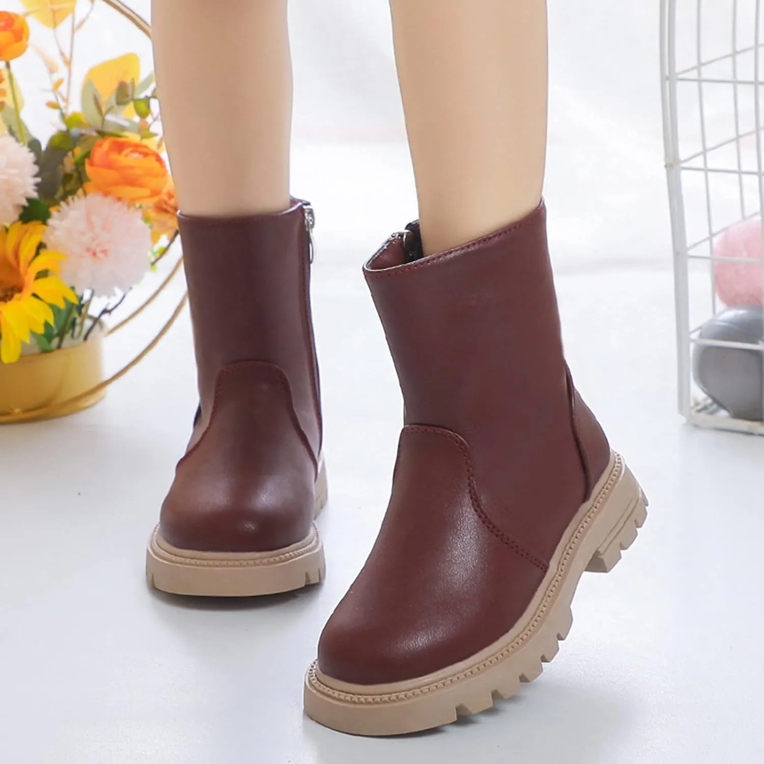 Girls Ankle Boots Low Heel Side Zipper Fall Winter Booties Outdoor Chunky Platform Solid Shoes for Little/Big Kids