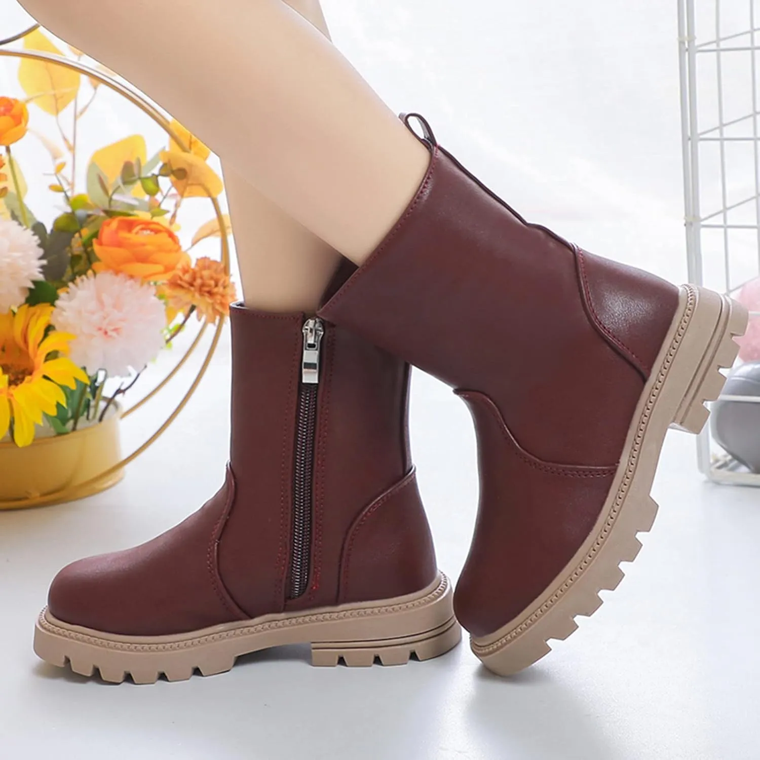 Girls Ankle Boots Low Heel Side Zipper Fall Winter Booties Outdoor Chunky Platform Solid Shoes for Little/Big Kids