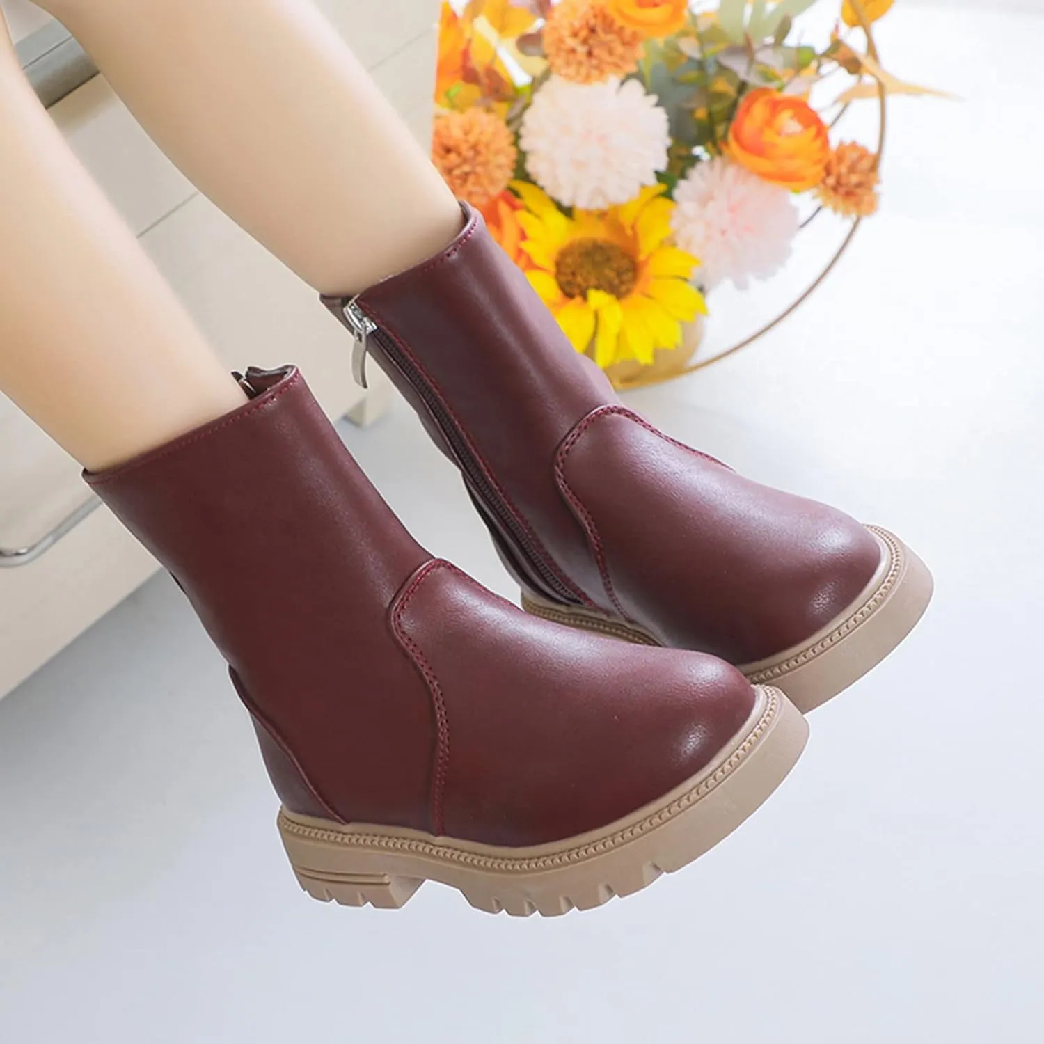 Girls Ankle Boots Low Heel Side Zipper Fall Winter Booties Outdoor Chunky Platform Solid Shoes for Little/Big Kids