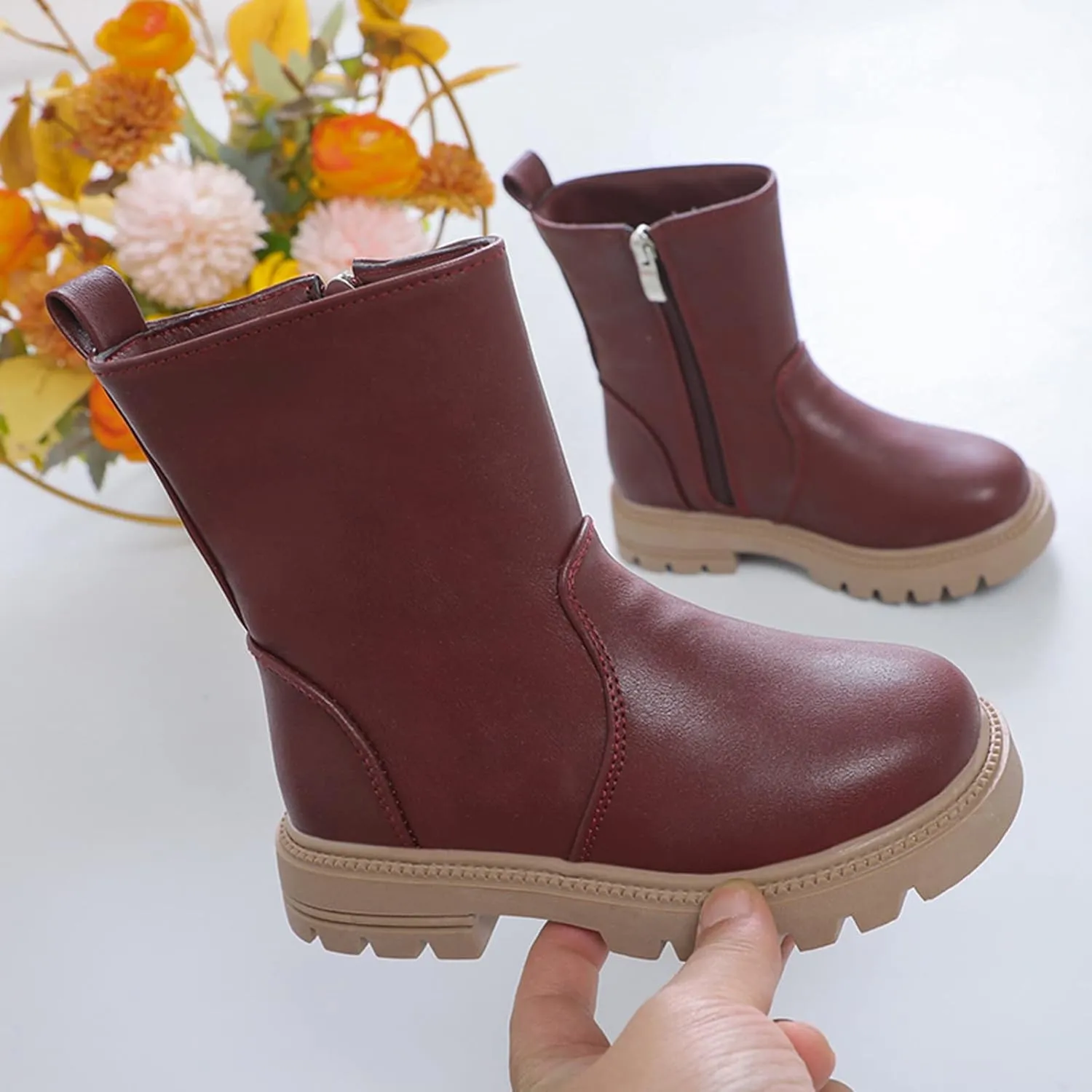 Girls Ankle Boots Low Heel Side Zipper Fall Winter Booties Outdoor Chunky Platform Solid Shoes for Little/Big Kids