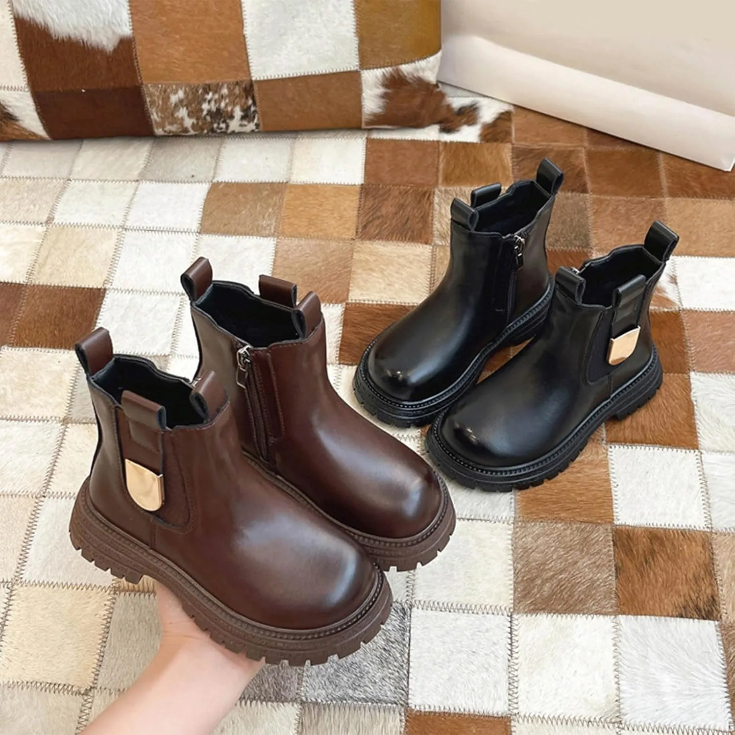 Girls Anti-slip Ankle Boots Water Proof Autumn Winter PU Leather Thick Bottom Pull On Riding Winter Boots for Big Girls