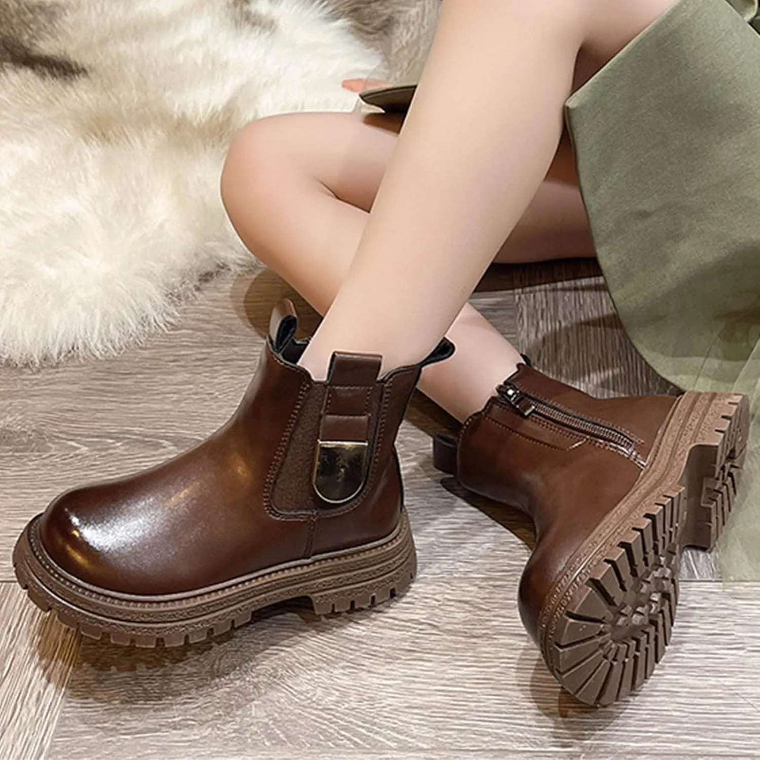 Girls Anti-slip Ankle Boots Water Proof Autumn Winter PU Leather Thick Bottom Pull On Riding Winter Boots for Big Girls