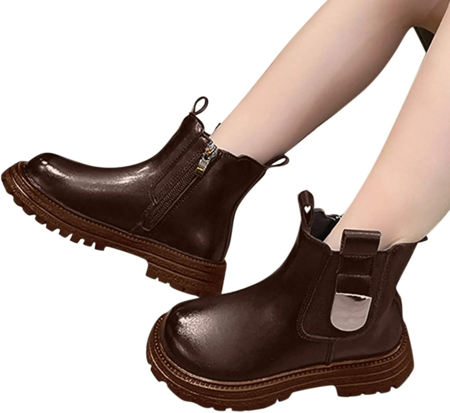 Girls Anti-slip Ankle Boots Water Proof Autumn Winter PU Leather Thick Bottom Pull On Riding Winter Boots for Big Girls