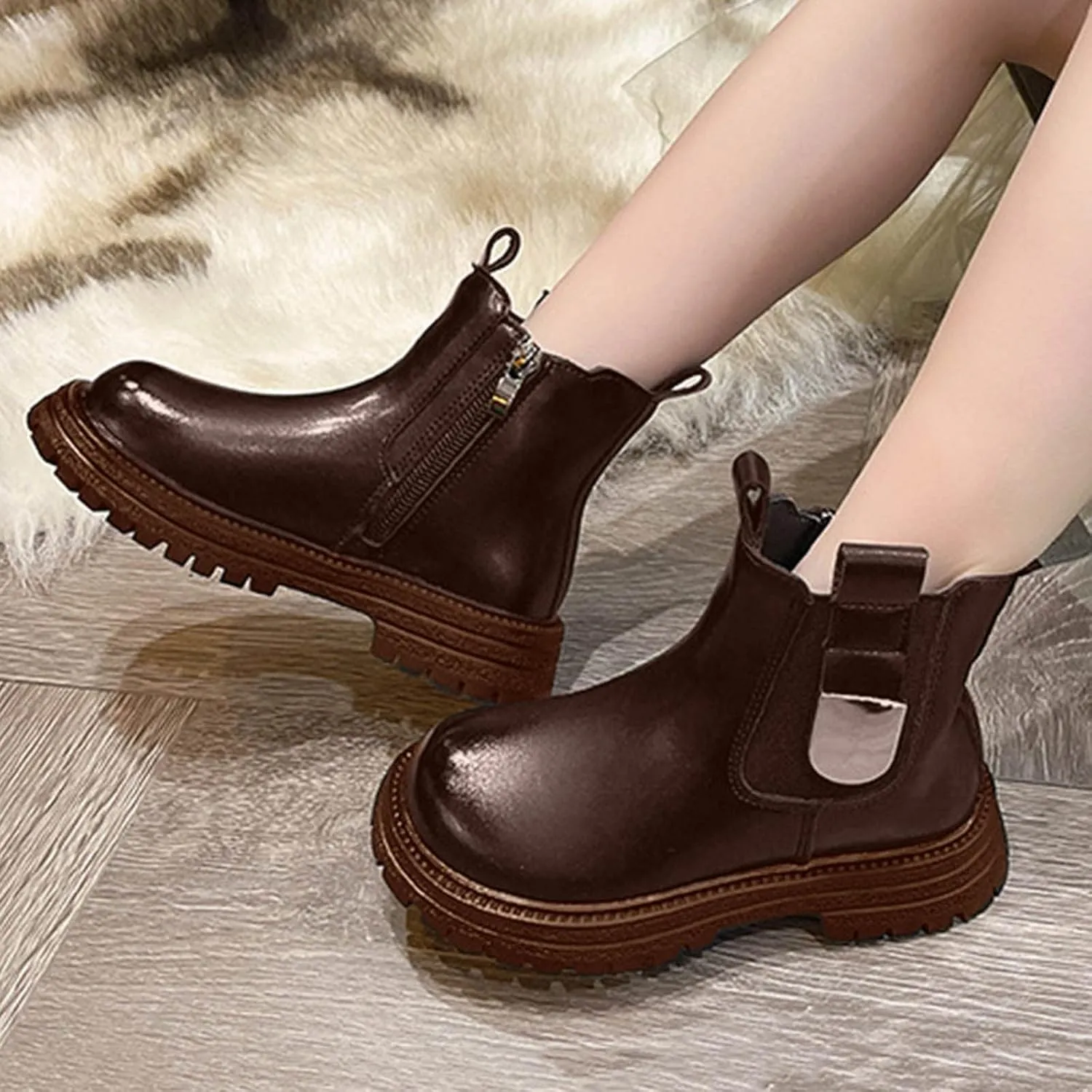 Girls Anti-slip Ankle Boots Water Proof Autumn Winter PU Leather Thick Bottom Pull On Riding Winter Boots for Big Girls
