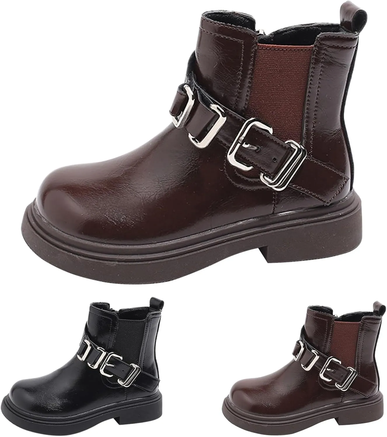 Girls Buckle Ankle Boots with Side Zipper Low Heel Soft Rubber Bottom Fashion Hiking Shoes for Little/Big Kids