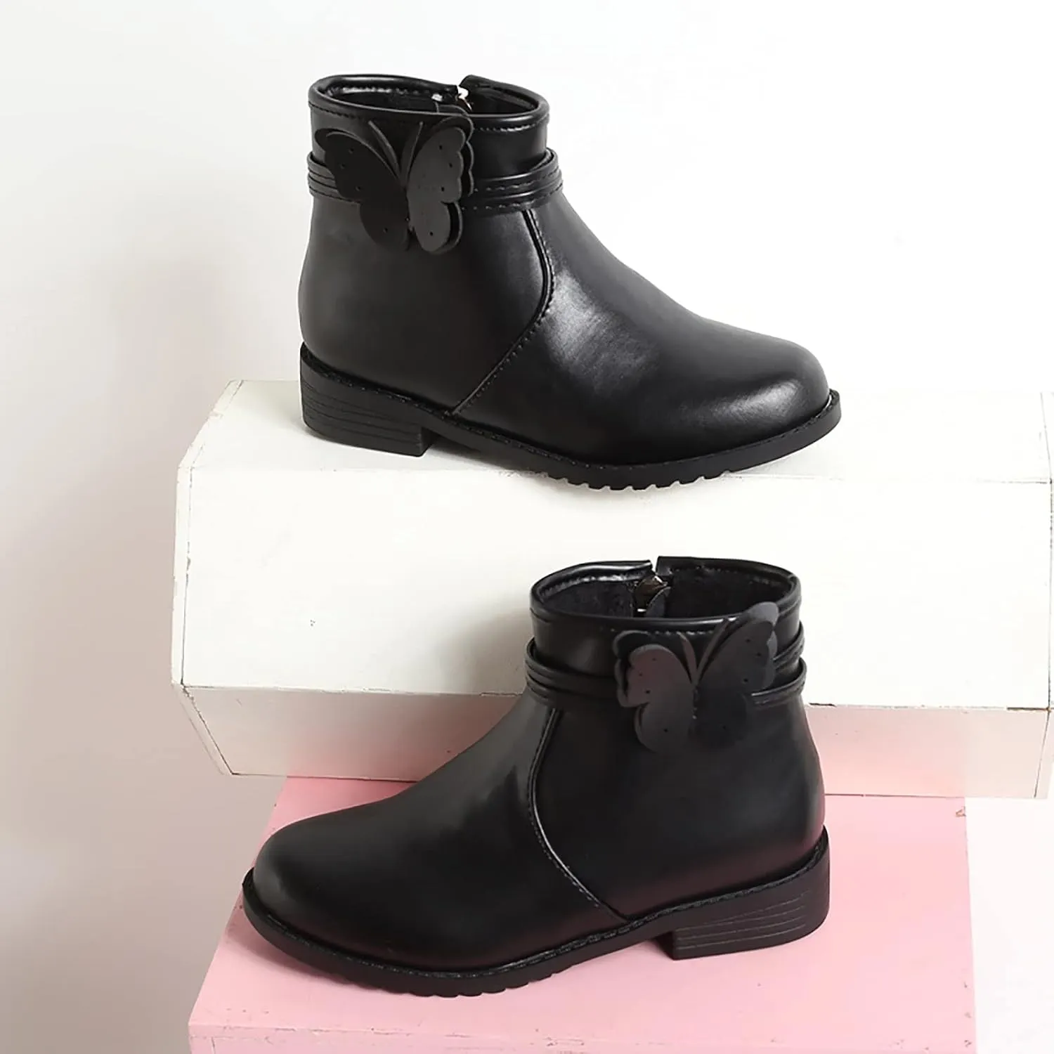 Girls Butterfly Decor Zip Side Boots Western Boots Kids Ankle Boots Girls Low Heel Riding Walking Shoes for Babies