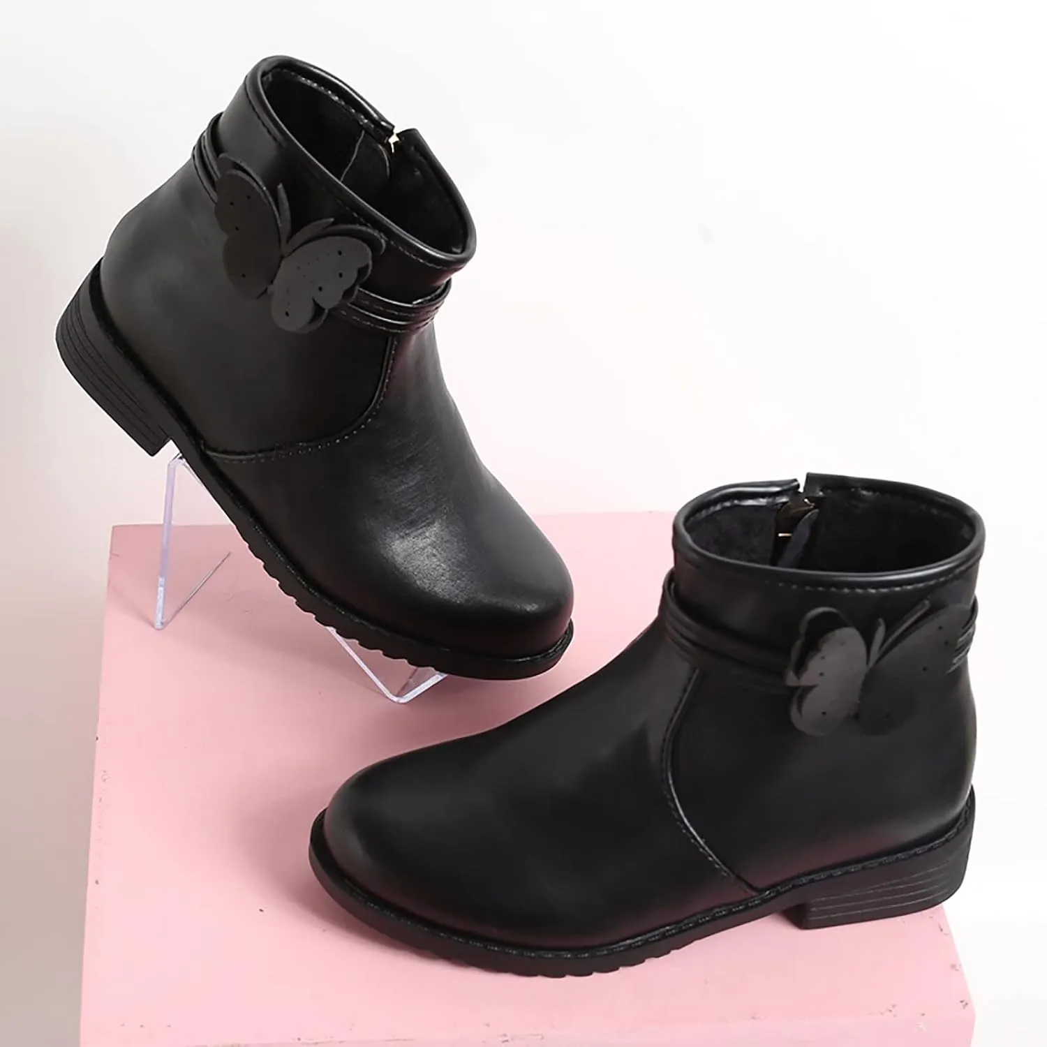 Girls Butterfly Decor Zip Side Boots Western Boots Kids Ankle Boots Girls Low Heel Riding Walking Shoes for Babies
