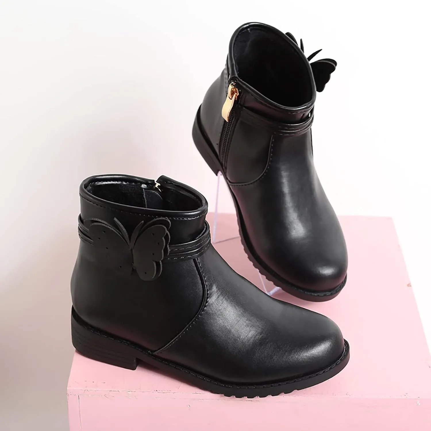 Girls Butterfly Decor Zip Side Boots Western Boots Kids Ankle Boots Girls Low Heel Riding Walking Shoes for Babies