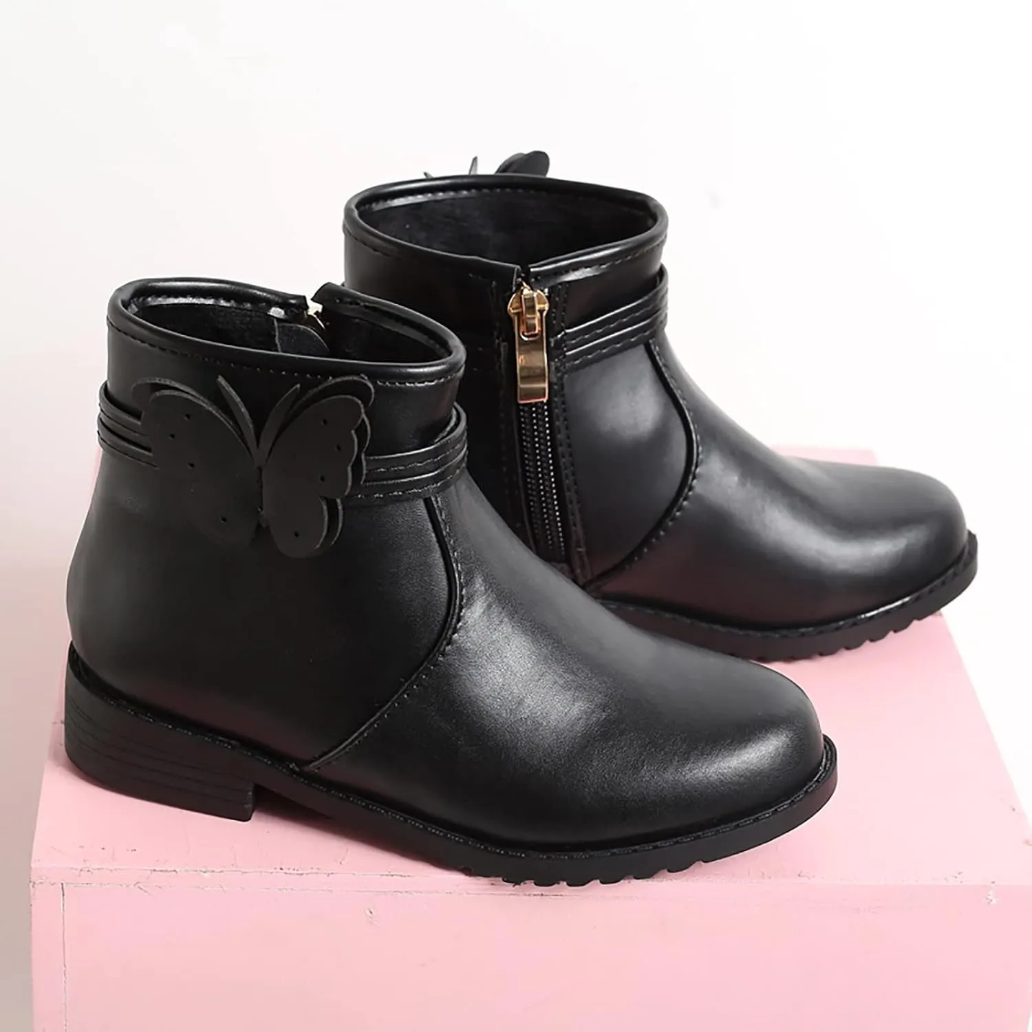 Girls Butterfly Decor Zip Side Boots Western Boots Kids Ankle Boots Girls Low Heel Riding Walking Shoes for Babies