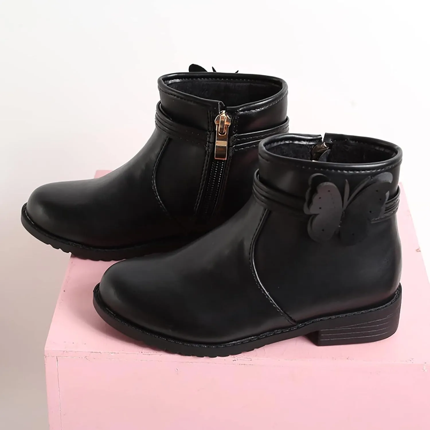 Girls Butterfly Decor Zip Side Boots Western Boots Kids Ankle Boots Girls Low Heel Riding Walking Shoes for Babies