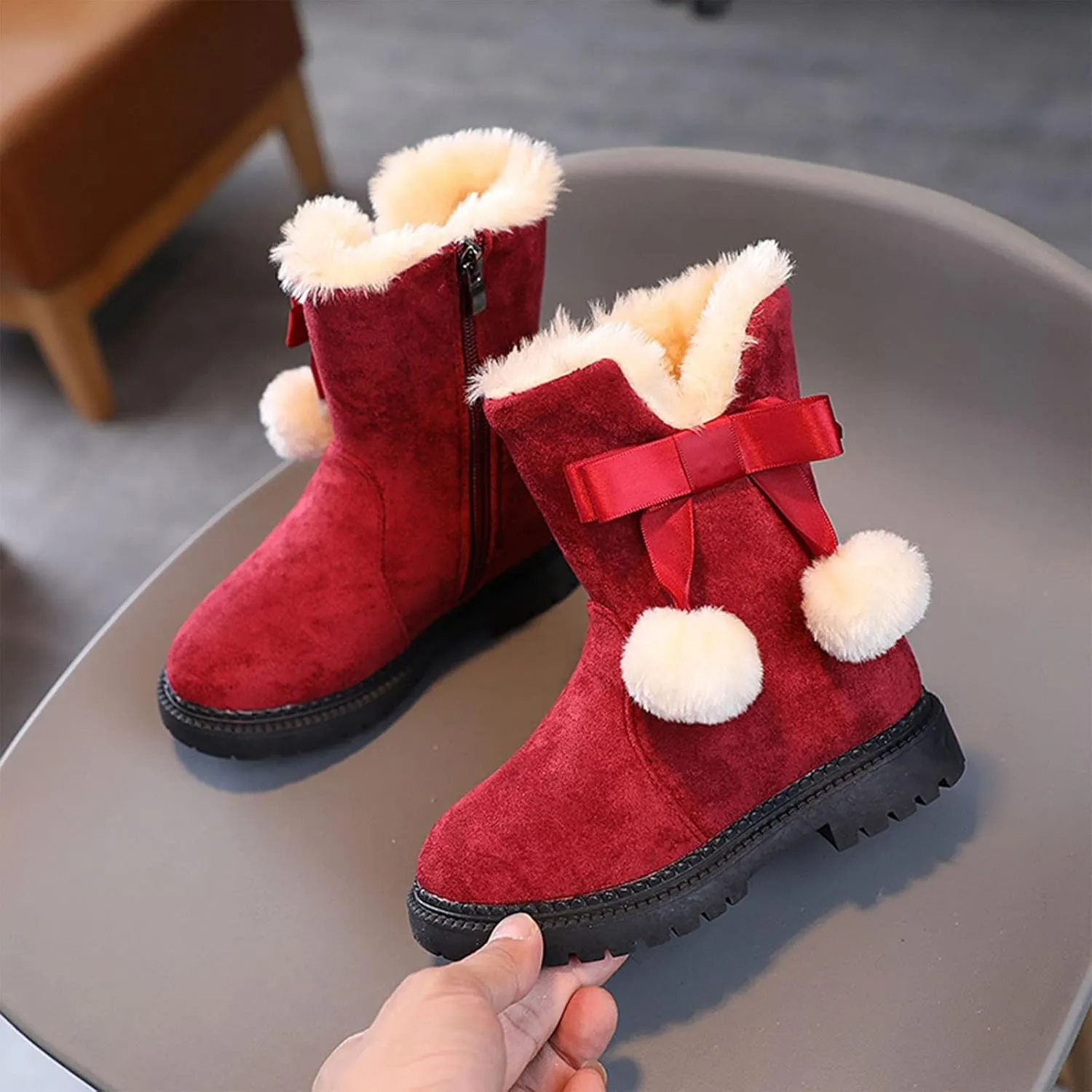 Girls Flecce Lined Mid Calf Boots Kids Boys Winter Snow Suede Faux Fr Lined Fuzzy Boots for Little Kid Big Kid