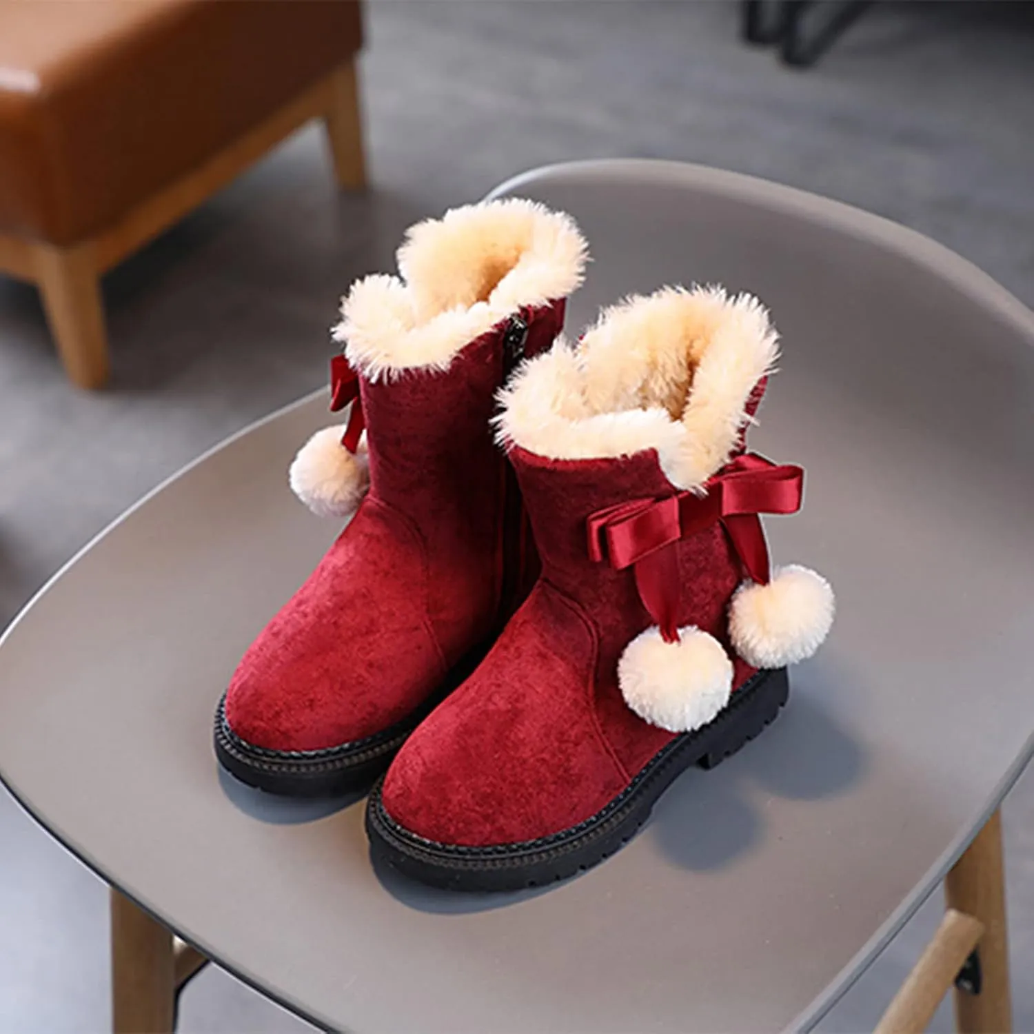 Girls Flecce Lined Mid Calf Boots Kids Boys Winter Snow Suede Faux Fr Lined Fuzzy Boots for Little Kid Big Kid