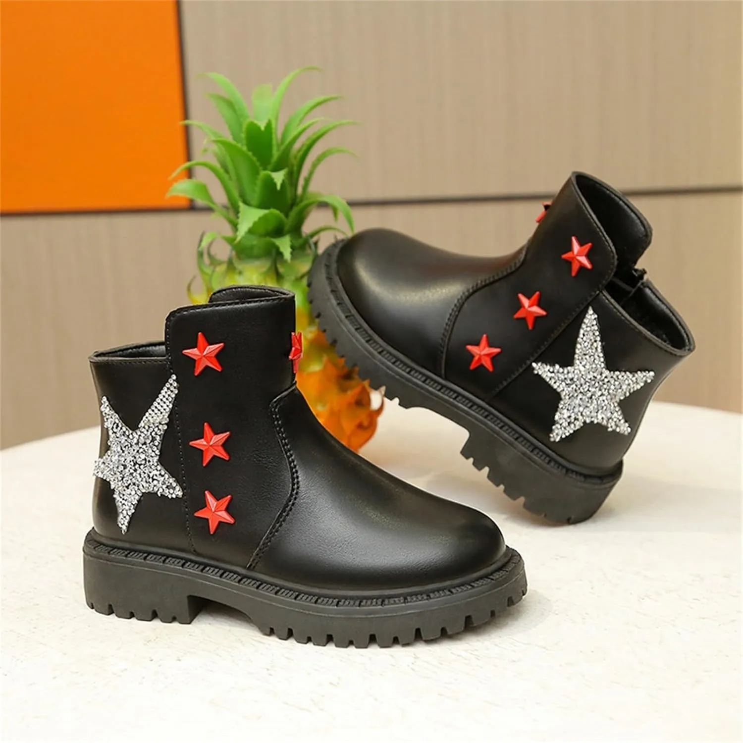 Girls Glitter Star Pattern Leather Ankle Boots Cute Cozy Rubber Bottom Non Slip Teen Winter Boots Girls