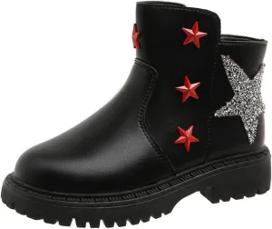 Girls Glitter Star Pattern Leather Ankle Boots Cute Cozy Rubber Bottom Non Slip Teen Winter Boots Girls