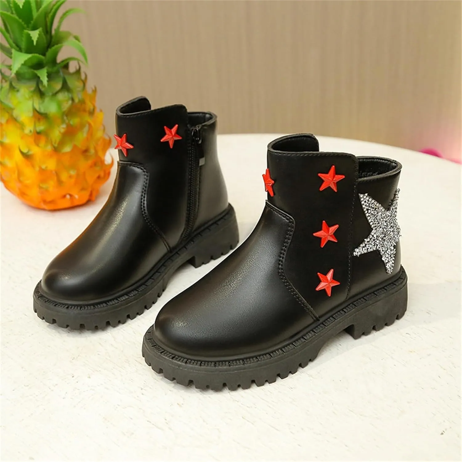 Girls Glitter Star Pattern Leather Ankle Boots Cute Cozy Rubber Bottom Non Slip Teen Winter Boots Girls