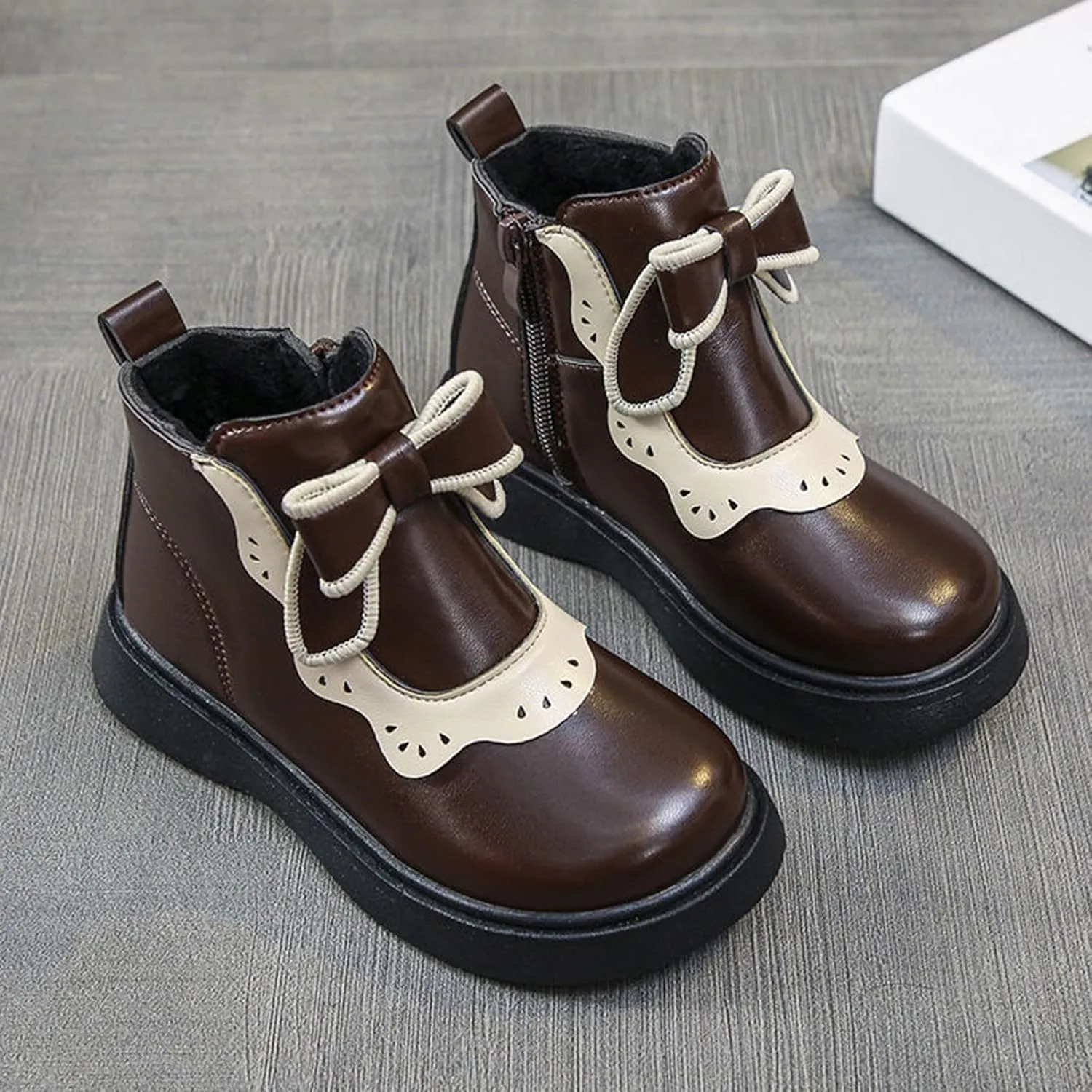 Girls Leather Ankle Boots Warm Snow Shoes Baby Bowknot Non Slip Round Toe Shoes Infant Warm Side Zipper Booties