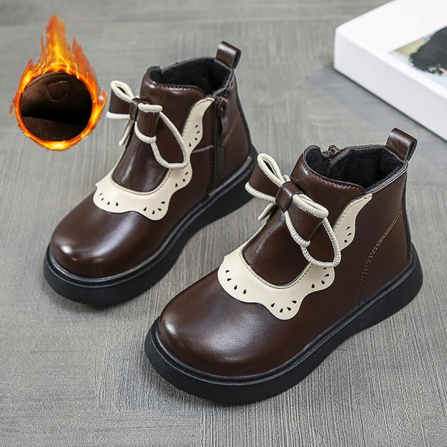 Girls Leather Ankle Boots Warm Snow Shoes Baby Bowknot Non Slip Round Toe Shoes Infant Warm Side Zipper Booties