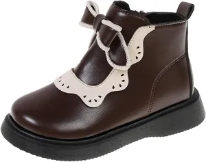 Girls Leather Ankle Boots Warm Snow Shoes Baby Bowknot Non Slip Round Toe Shoes Infant Warm Side Zipper Booties