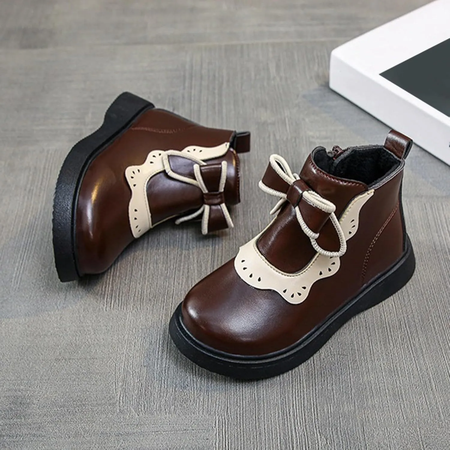 Girls Leather Ankle Boots Warm Snow Shoes Baby Bowknot Non Slip Round Toe Shoes Infant Warm Side Zipper Booties