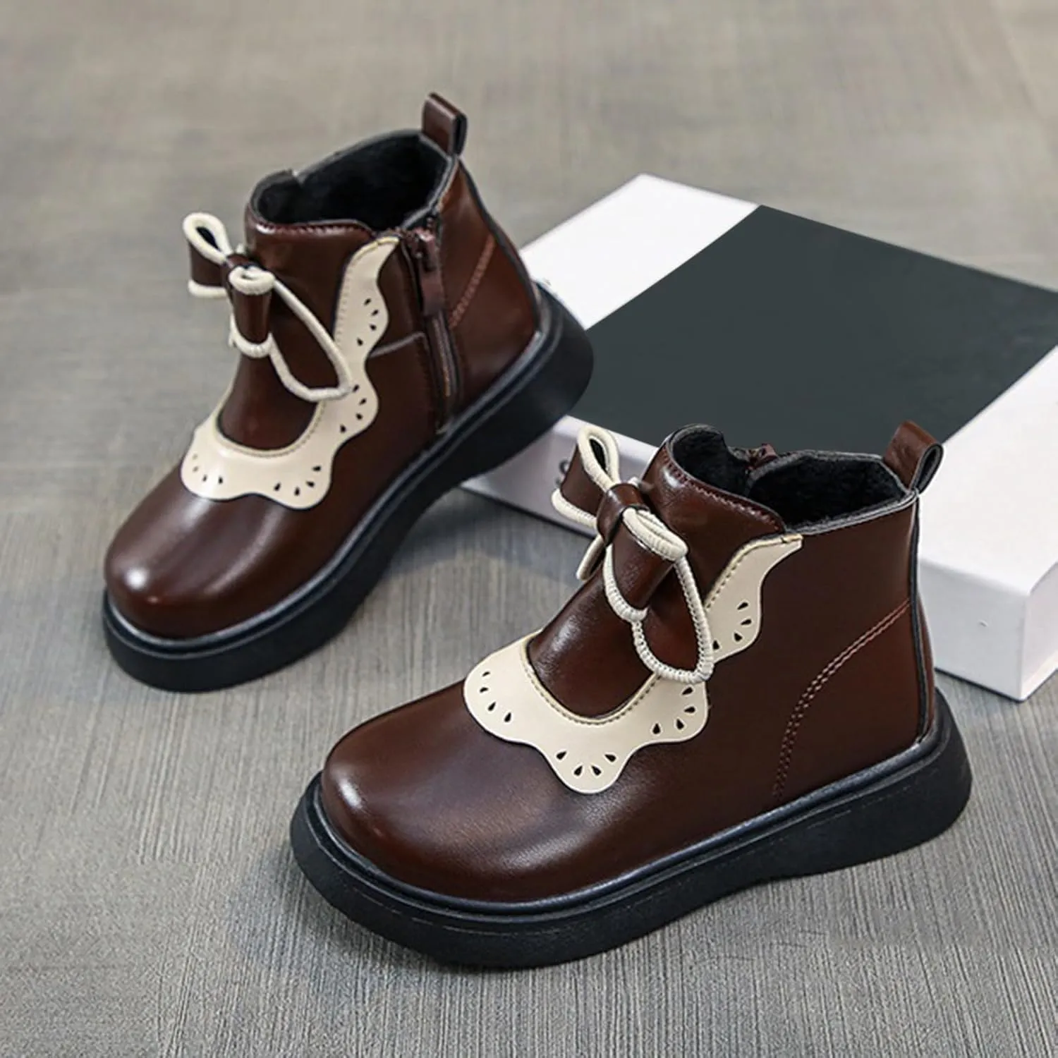 Girls Leather Ankle Boots Warm Snow Shoes Baby Bowknot Non Slip Round Toe Shoes Infant Warm Side Zipper Booties