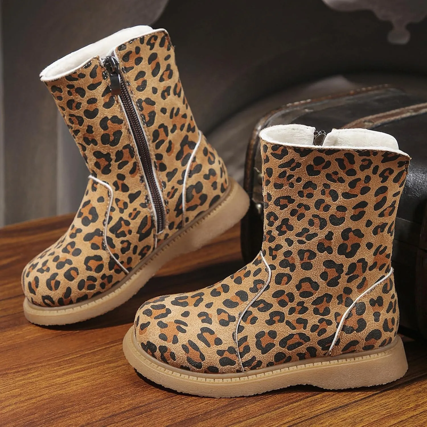Girls Leopard Zipper Boot Kids Baby Boy Snow Leopard Boots Flat Suede Slip On Comfortable Water Proof Winter Boot