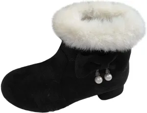Girls Low Heel Snow Boots Faux Fr Anti Slip Mid Calf Warm Padded Ankle Boots Winter Outdoor Fashion Fuzzy Shoes