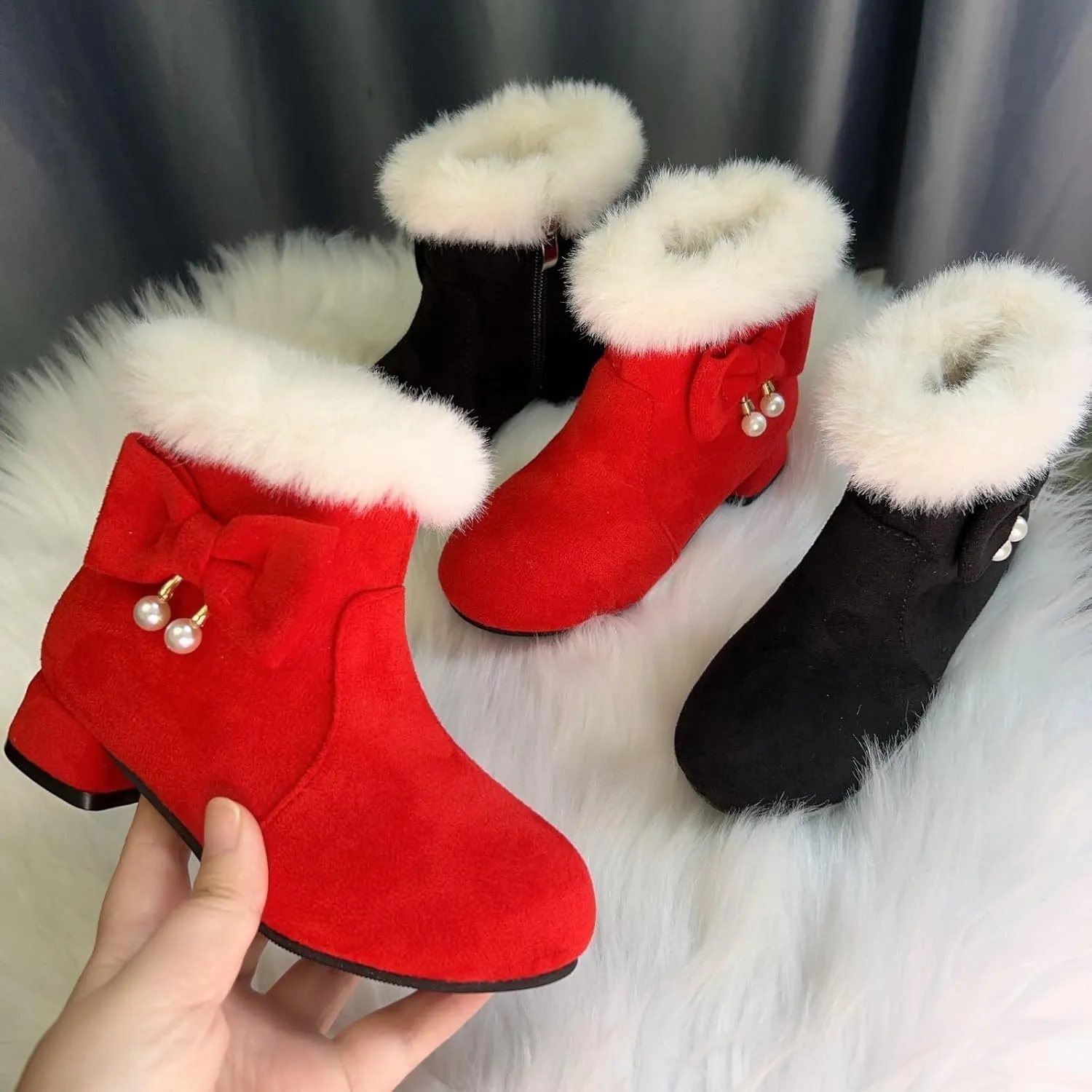 Girls Low Heel Snow Boots Faux Fr Anti Slip Mid Calf Warm Padded Ankle Boots Winter Outdoor Fashion Fuzzy Shoes
