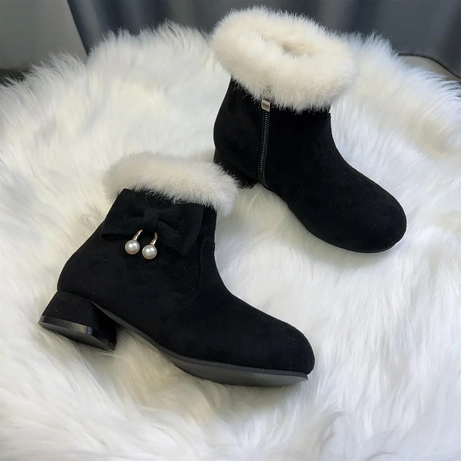 Girls Low Heel Snow Boots Faux Fr Anti Slip Mid Calf Warm Padded Ankle Boots Winter Outdoor Fashion Fuzzy Shoes