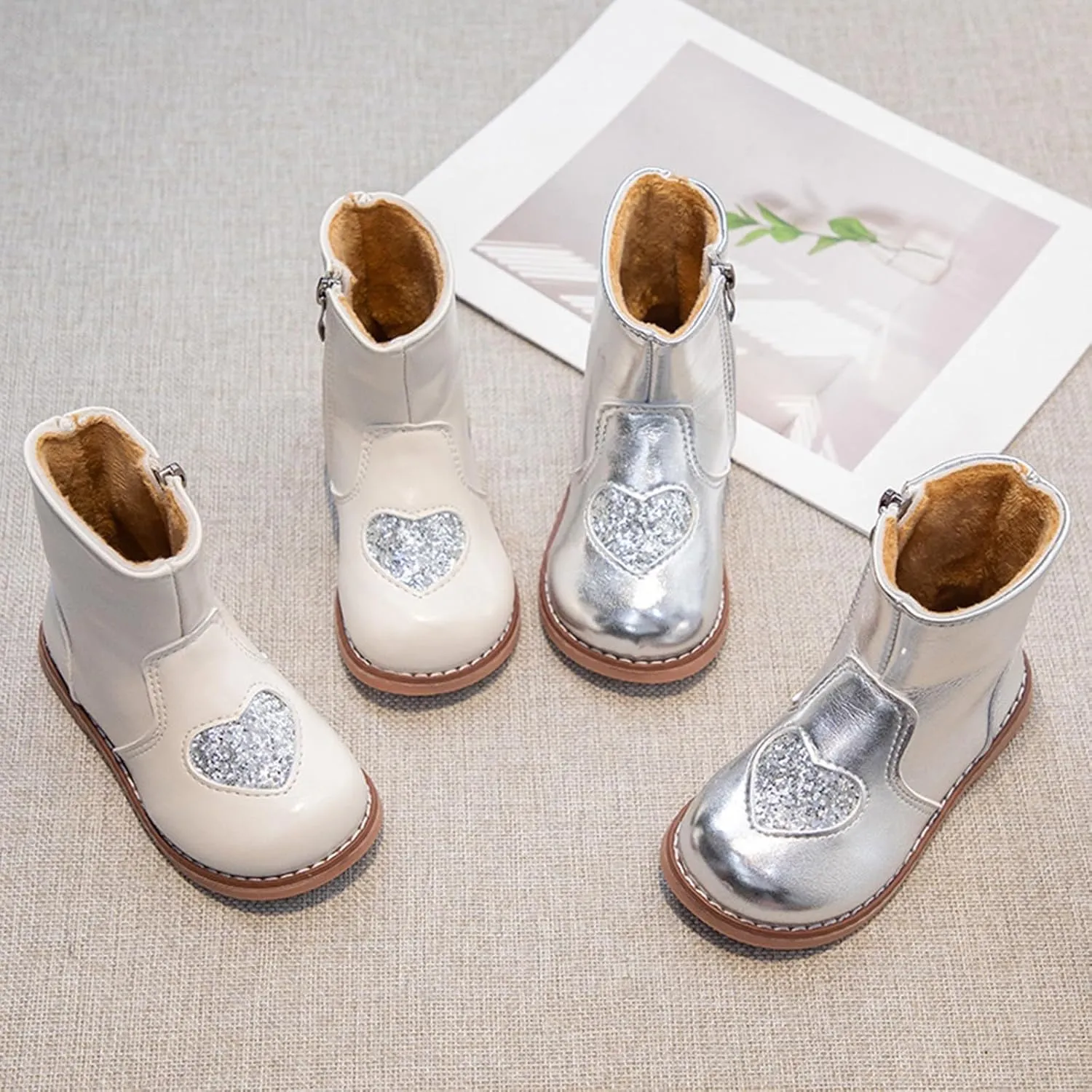 Girls Mary Jane Boots Winter Leather Ankle Boots Little Kid Side Zipper Soft Sole Flat Boots Sequins Low Calf Boots