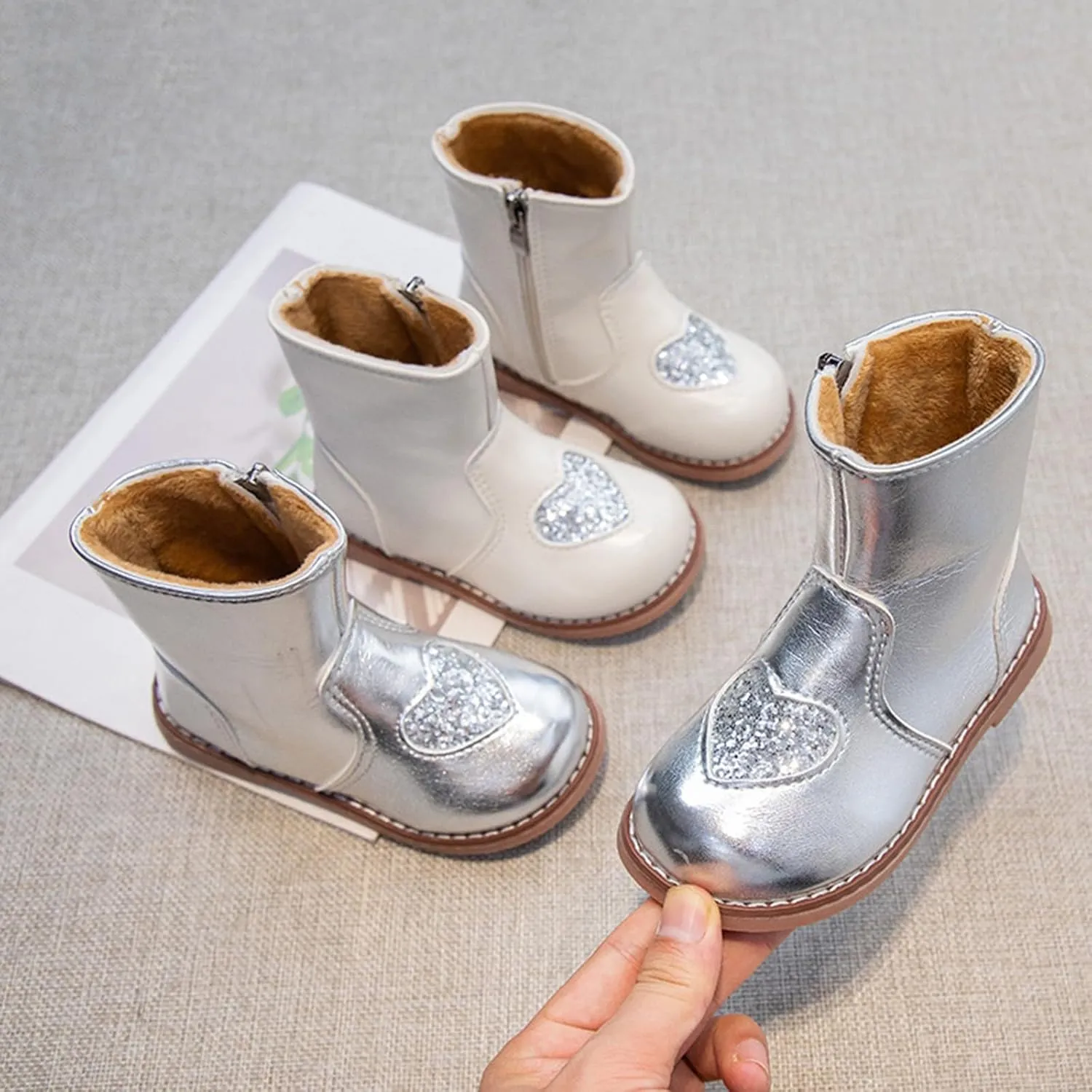 Girls Mary Jane Boots Winter Leather Ankle Boots Little Kid Side Zipper Soft Sole Flat Boots Sequins Low Calf Boots