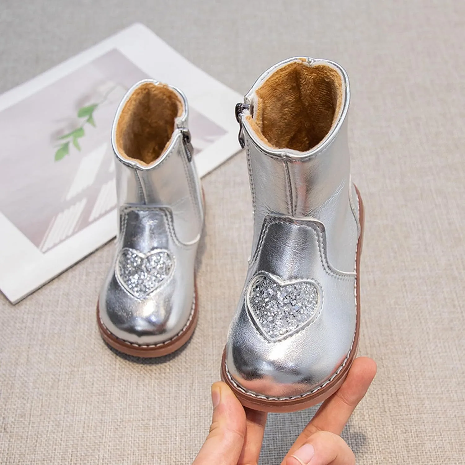 Girls Mary Jane Boots Winter Leather Ankle Boots Little Kid Side Zipper Soft Sole Flat Boots Sequins Low Calf Boots