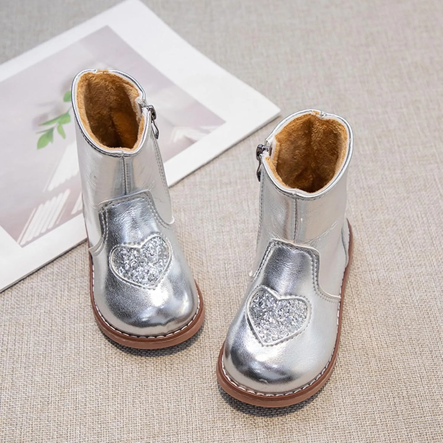 Girls Mary Jane Boots Winter Leather Ankle Boots Little Kid Side Zipper Soft Sole Flat Boots Sequins Low Calf Boots