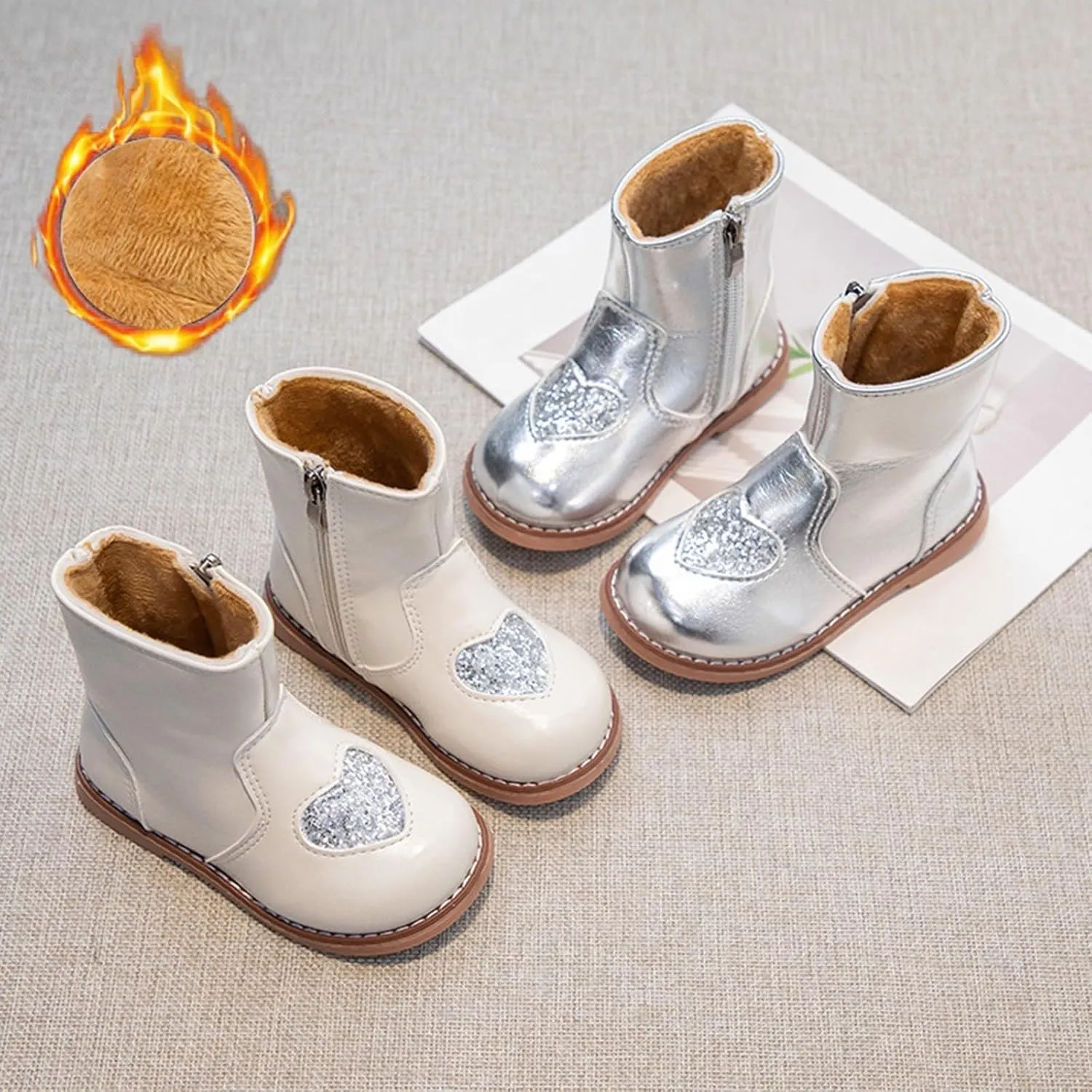 Girls Mary Jane Boots Winter Leather Ankle Boots Little Kid Side Zipper Soft Sole Flat Boots Sequins Low Calf Boots