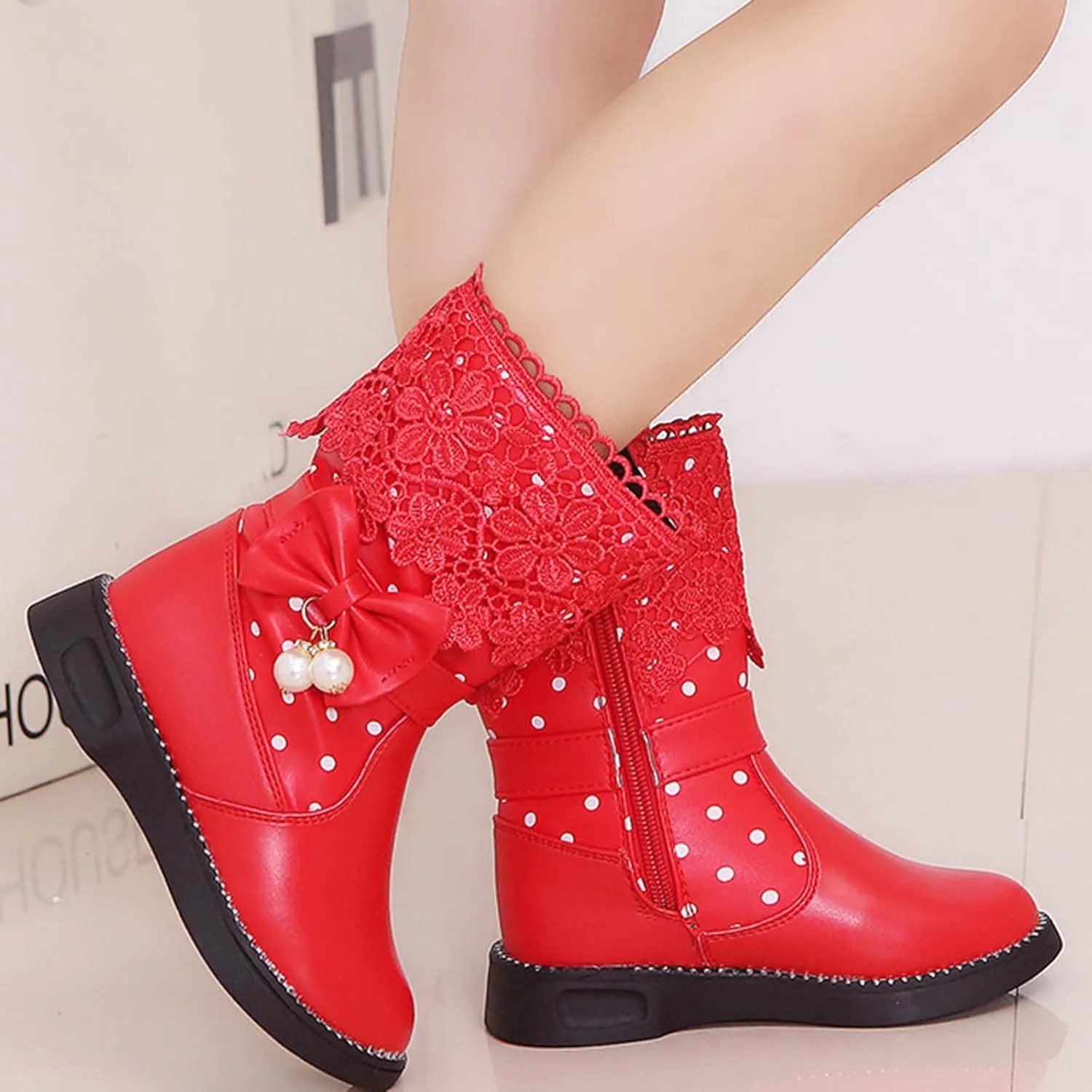 Girl's Mid Calf Boots Wterproof Lace Bowknot Side Zipper Fr Lined Side Zipper Fall Winter Low Heel Chunky Boots