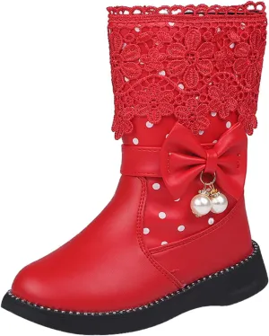 Girl's Mid Calf Boots Wterproof Lace Bowknot Side Zipper Fr Lined Side Zipper Fall Winter Low Heel Chunky Boots