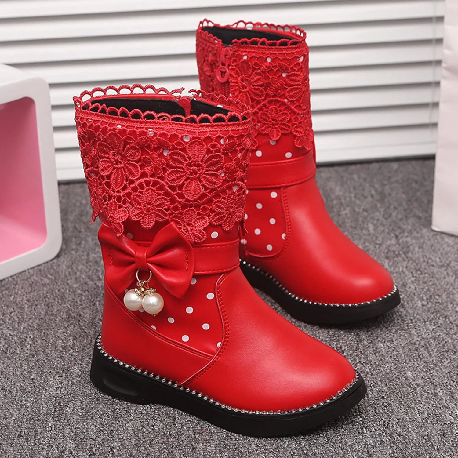 Girl's Mid Calf Boots Wterproof Lace Bowknot Side Zipper Fr Lined Side Zipper Fall Winter Low Heel Chunky Boots