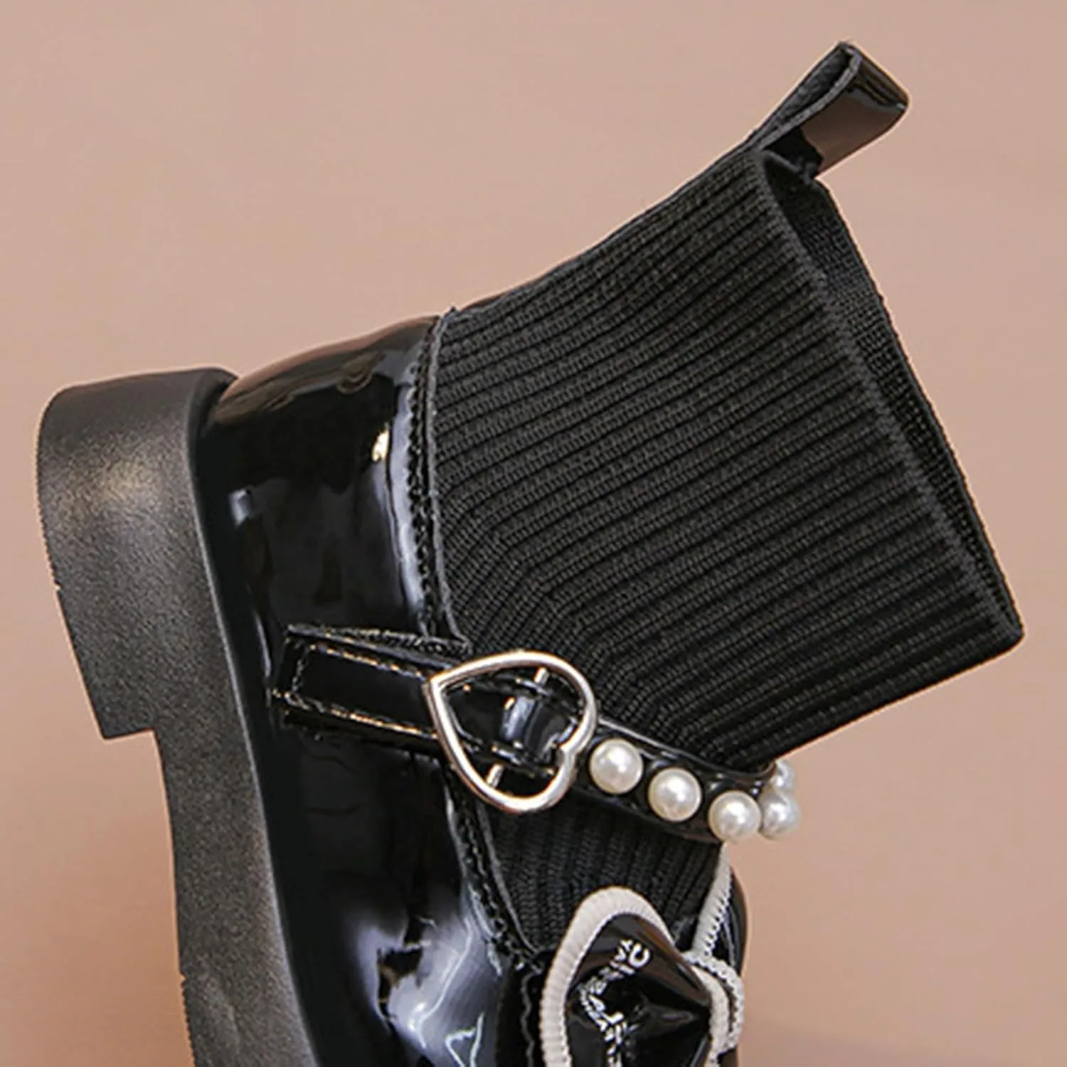 Girls Pearl Bowknot Elastic Ankle Boots Non-Slip Chunky Heel Winter Dress Shoes Fashion Leather Socks Booties