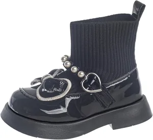 Girls Pearl Bowknot Elastic Ankle Boots Non-Slip Chunky Heel Winter Dress Shoes Fashion Leather Socks Booties