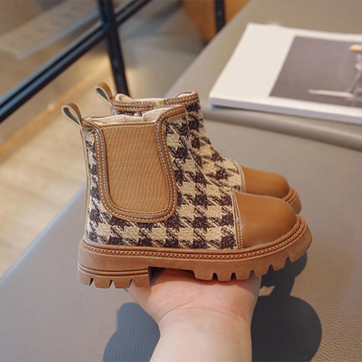 Girls Platform Lug Sole Winter Boots Ankle High Chunky Block Heel Non-Slip Leather Slip on Fashion Outdoor Booties (Khaki, 6-7 Years Little Child)