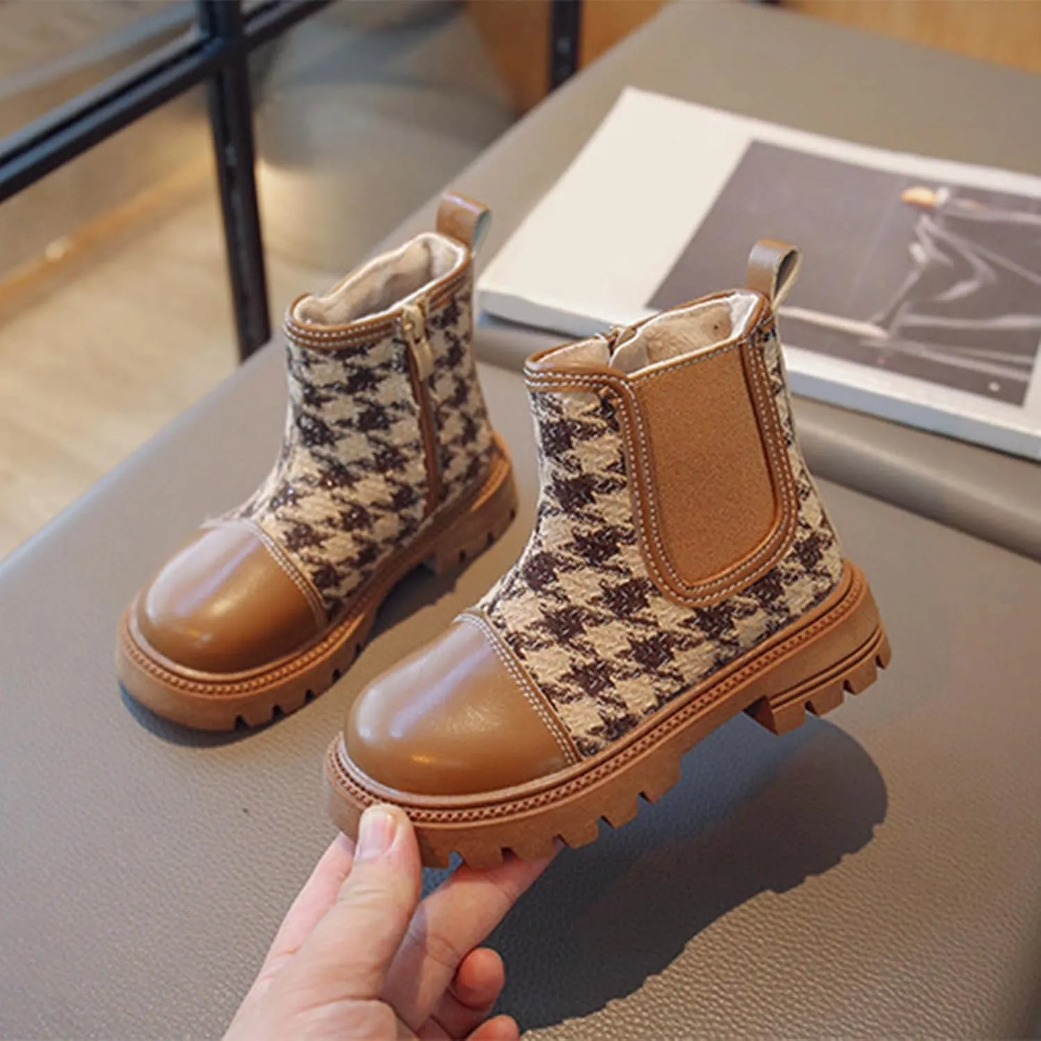 Girls Platform Lug Sole Winter Boots Ankle High Chunky Block Heel Non-Slip Leather Slip on Fashion Outdoor Booties (Khaki, 6-7 Years Little Child)