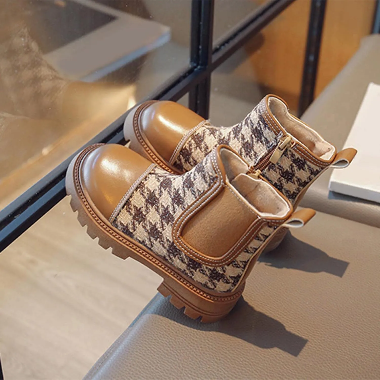 Girls Platform Lug Sole Winter Boots Ankle High Chunky Block Heel Non-Slip Leather Slip on Fashion Outdoor Booties (Khaki, 6-7 Years Little Child)