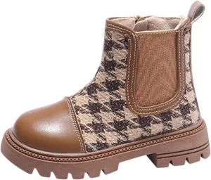 Girls Platform Lug Sole Winter Boots Ankle High Chunky Block Heel Non-Slip Leather Slip on Fashion Outdoor Booties (Khaki, 6-7 Years Little Child)