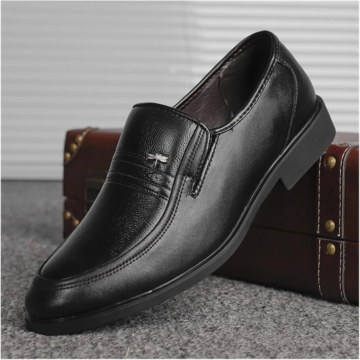 HASMI Men's Business Dress Leather Shoes Non-Slip Wear-Resistant Men's Shoes Breathable Work Leather Shoes Round Toe Dad Shoes