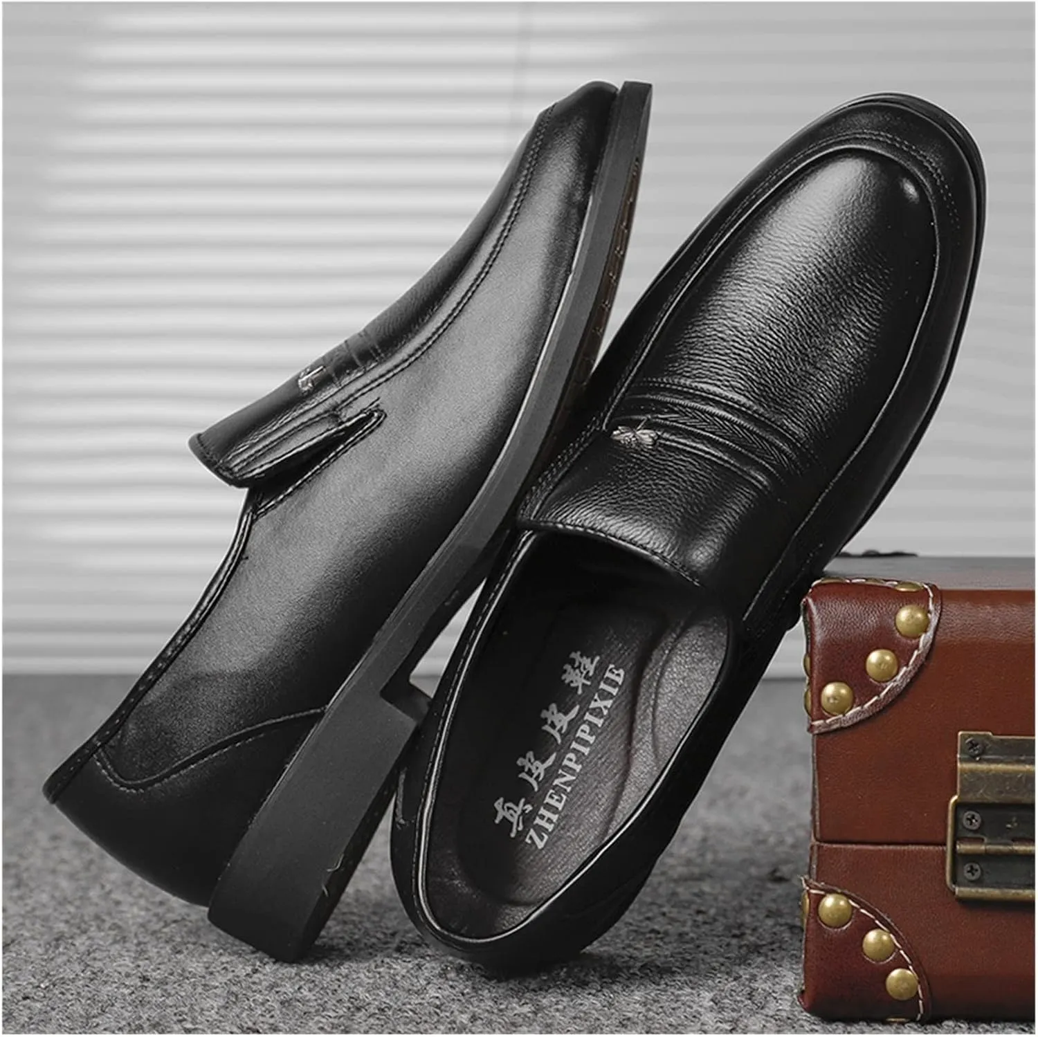HASMI Men's Business Dress Leather Shoes Non-Slip Wear-Resistant Men's Shoes Breathable Work Leather Shoes Round Toe Dad Shoes