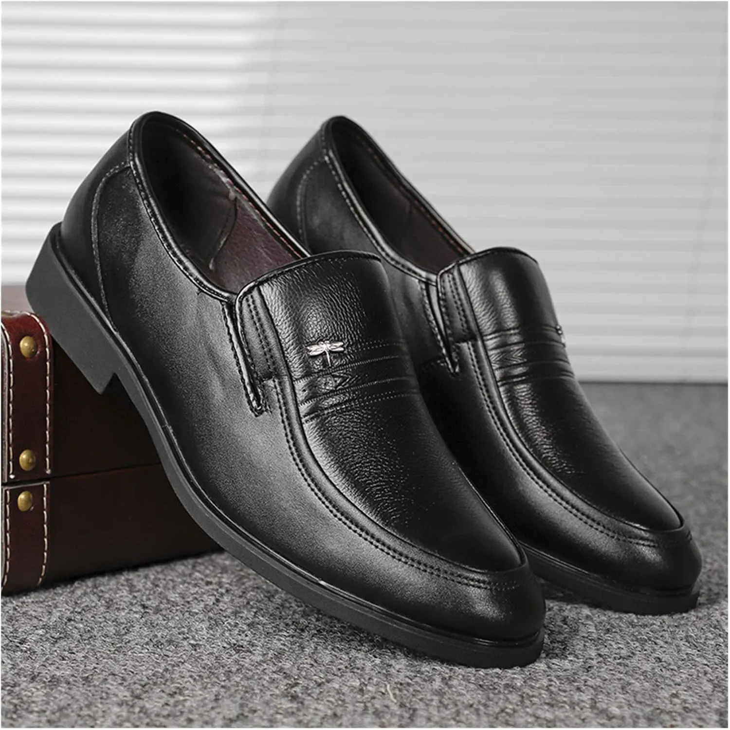HASMI Men's Business Dress Leather Shoes Non-Slip Wear-Resistant Men's Shoes Breathable Work Leather Shoes Round Toe Dad Shoes