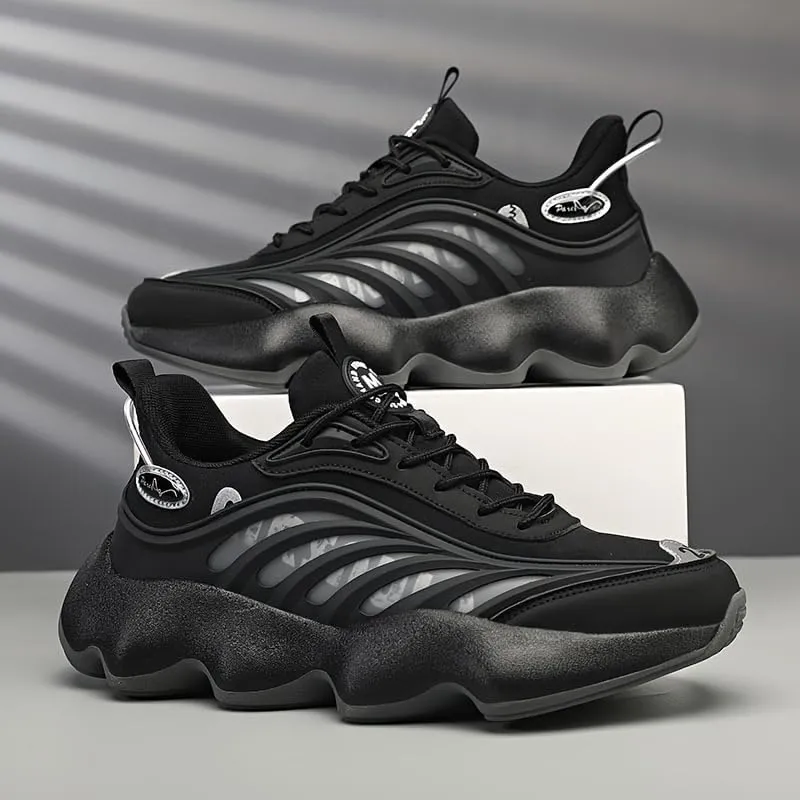 [Height-Boosting Athletic Sneakers Shoes] Versatile Men's Athletic Sneakers - Thick Sole, Height-Boosting Dad Shoes in Black & White Stripe, Breathable Fabric Lining, All-Season Outdoor