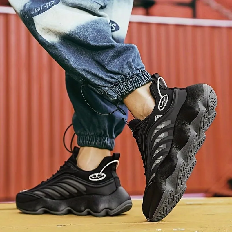 [Height-Boosting Athletic Sneakers Shoes] Versatile Men's Athletic Sneakers - Thick Sole, Height-Boosting Dad Shoes in Black & White Stripe, Breathable Fabric Lining, All-Season Outdoor