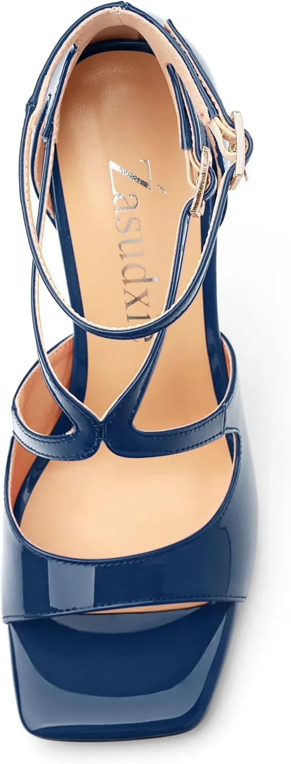High Heels for Women, Women's Stiletto Heels Cross Strappy Square Open Toe Sexy Sandals Ankle Strap Buckle High Heels Fashion Dress Prom Sandals