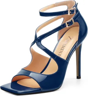 High Heels for Women, Women's Stiletto Heels Cross Strappy Square Open Toe Sexy Sandals Ankle Strap Buckle High Heels Fashion Dress Prom Sandals